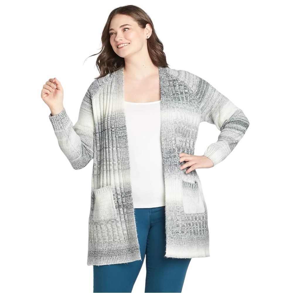 Lane Bryant Open Front Cardigan with Side Slits, Gray Ombre Spacedye - 14/16